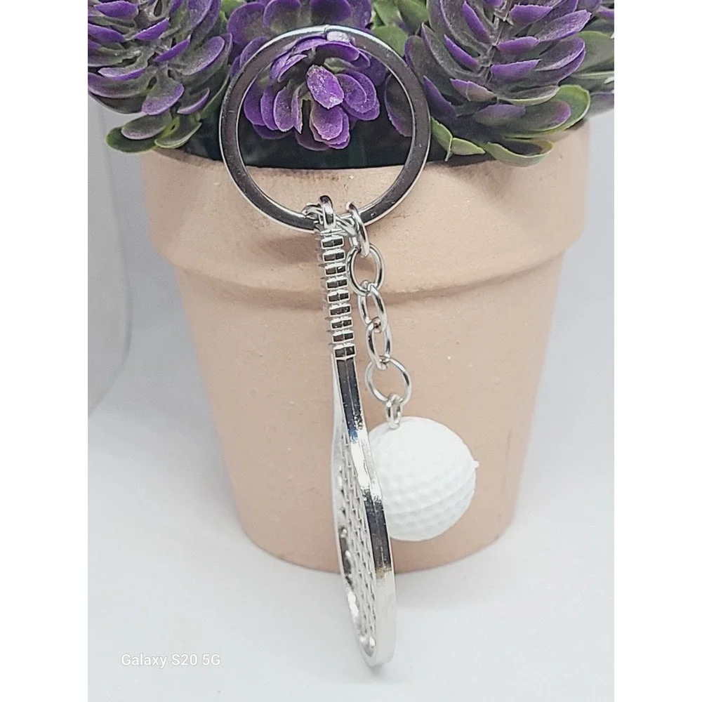 Handmade‎ White Ball Tennis Racket Keychain Silver Tone Women Sport Accessory